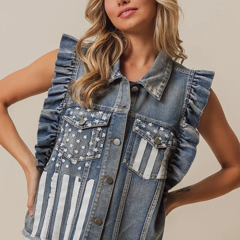 BiBi American Flag Washed Denim Jacket