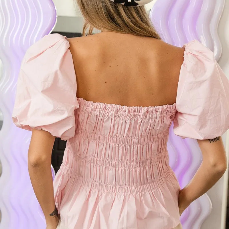 BiBi Puff Sleeve Square Neck Smocked Peplum Top