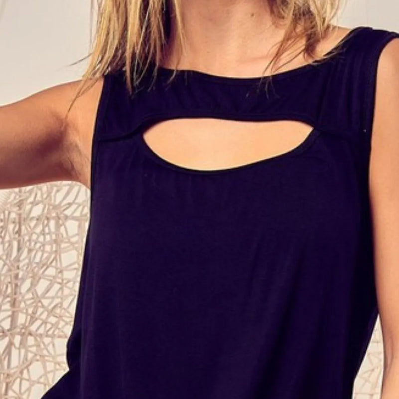 BiBi Rayon Span Knit With Cut Out Front Sleeveless Top in Black