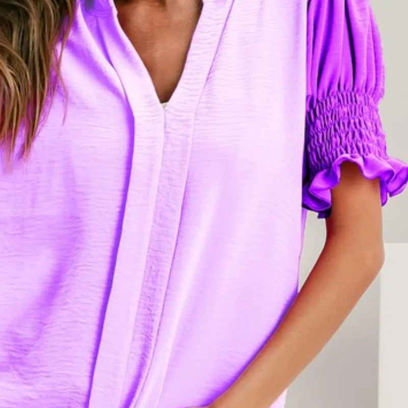 BiBi Air Flow Color Block Puff Sleeves V Neck Top