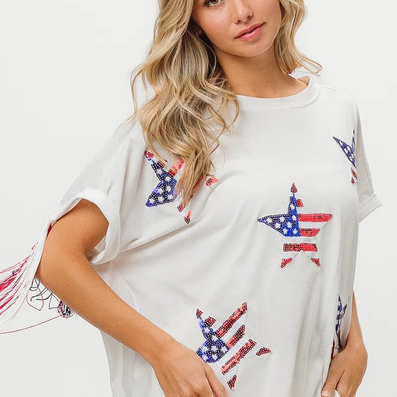 BiBi American Flag Sequin Star Fringe Top