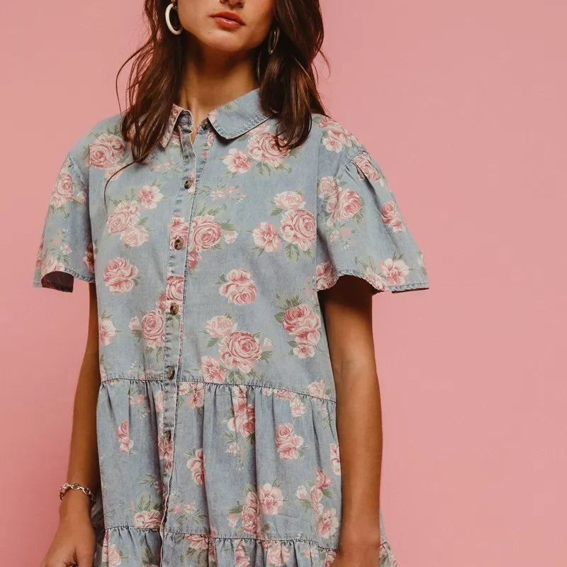BiBi Floral Print Washed Lightweight Tiered Shirt Dress