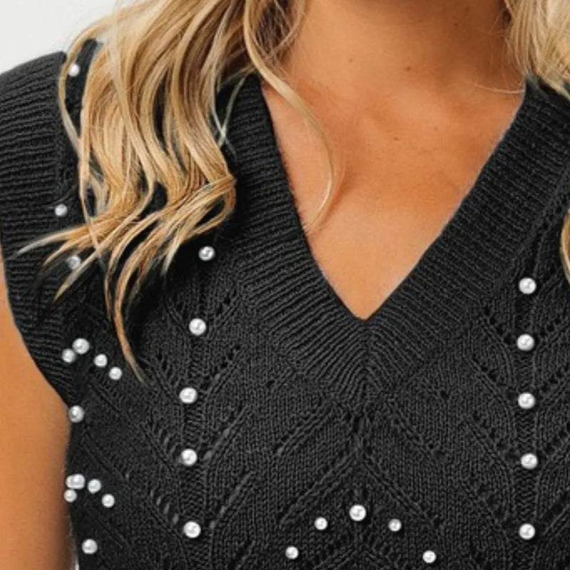 BiBi Chevron Pointelle Pearl Knit Top in Black