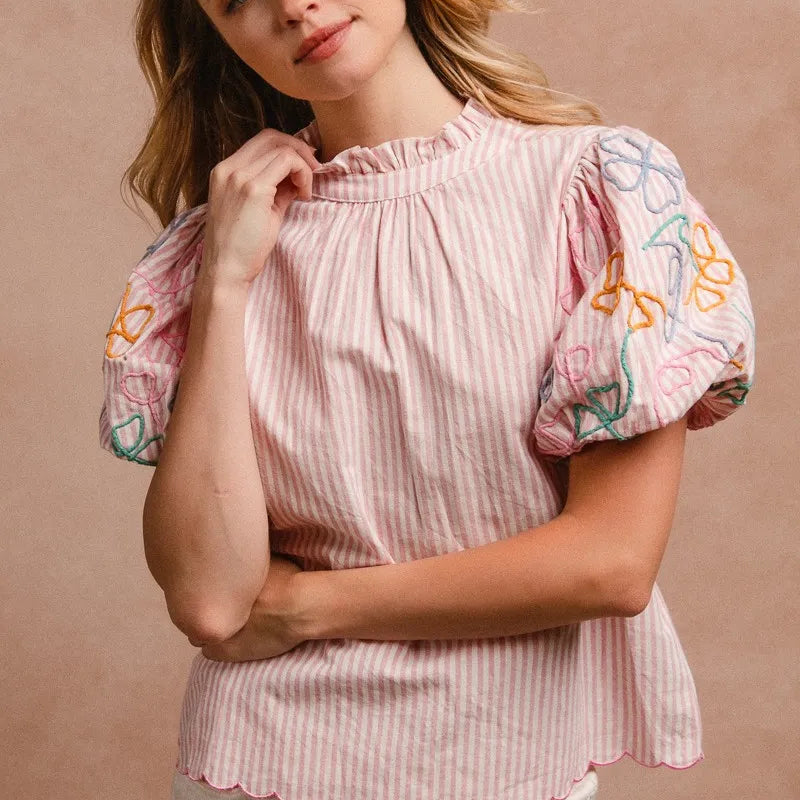 BiBi Embroidery Bubble Sleeve Top With Bottom Scallop Detail