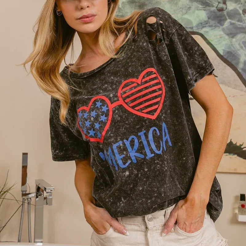 BiBi 4th Of July Theme Mineral Washed Laser Cut Top