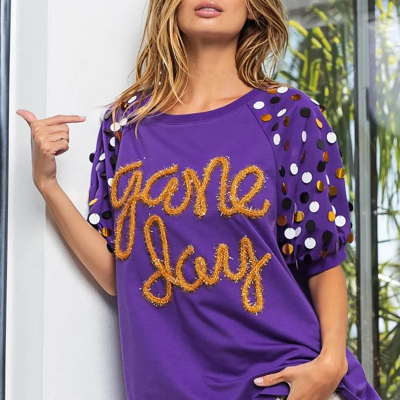 BiBi Game Day Metallic Letter Spangle Sleeve Top