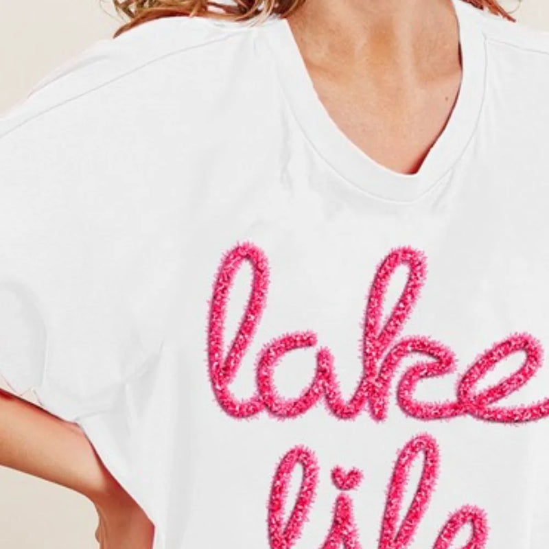 BiBi Metallic Letter Short Dolman Sleeve Top