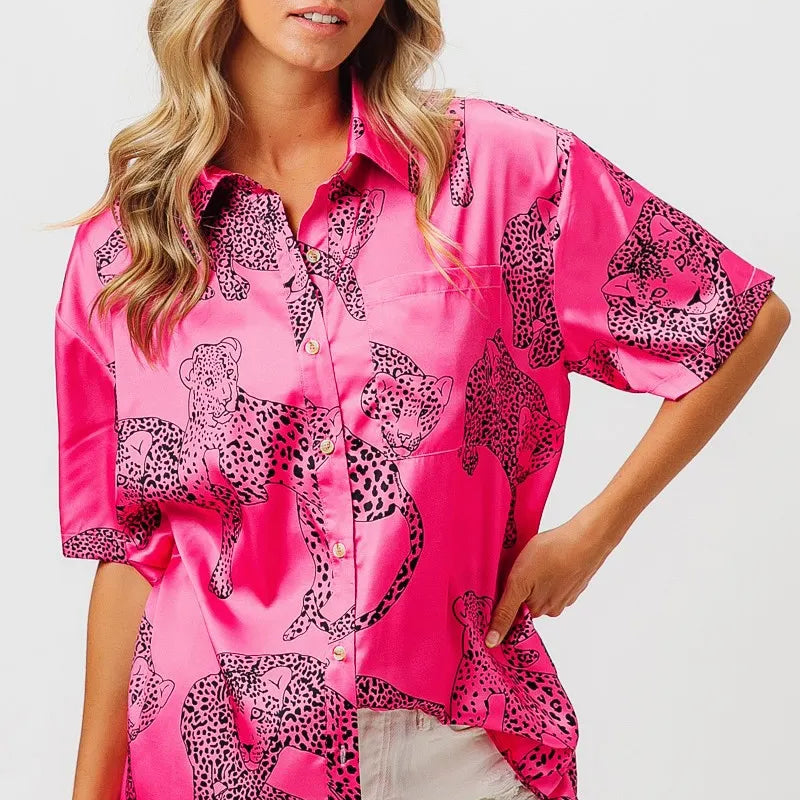 BiBi Leopard Print Short Sleeve Silky Satin Shirt Top