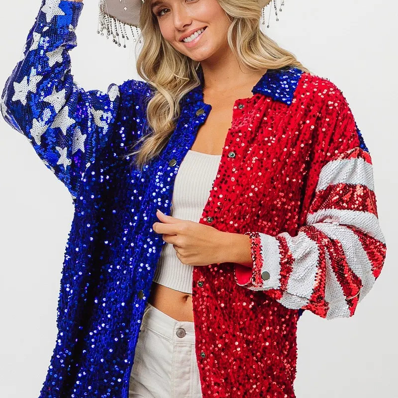 BiBi American Flag Sequin Snap Down Shirt