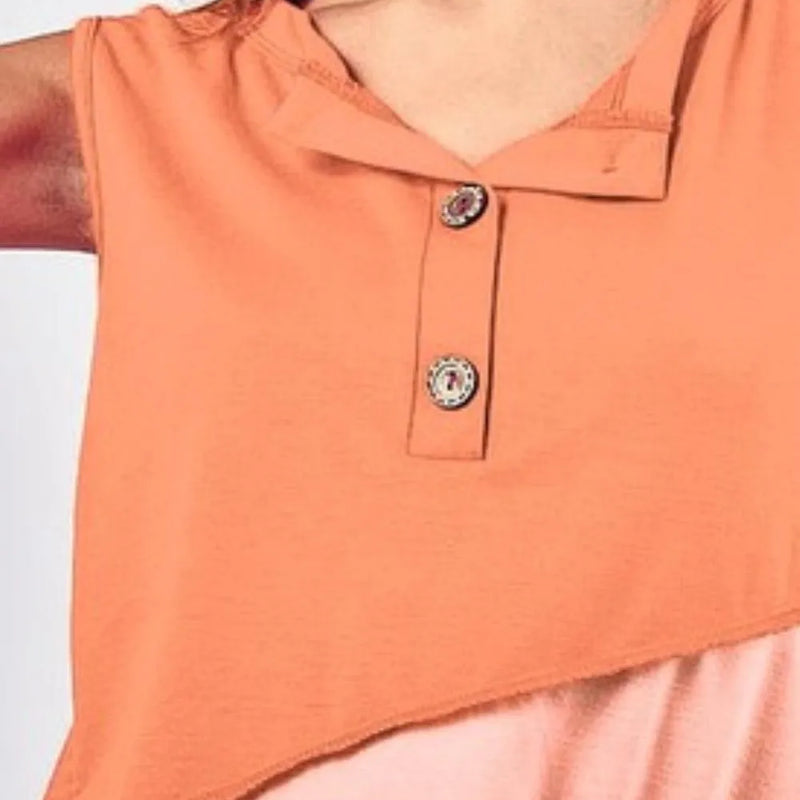 BiBi Color Block Contrast Stitching Buttoned Henley Top