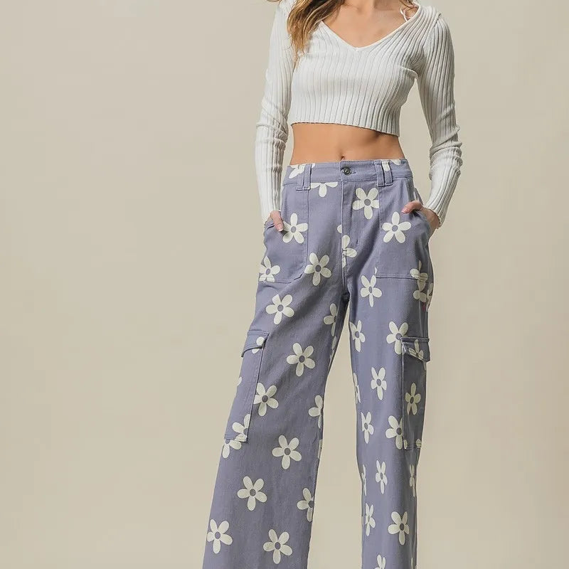 BiBi Flower Printed Side Pocket Wide Pants