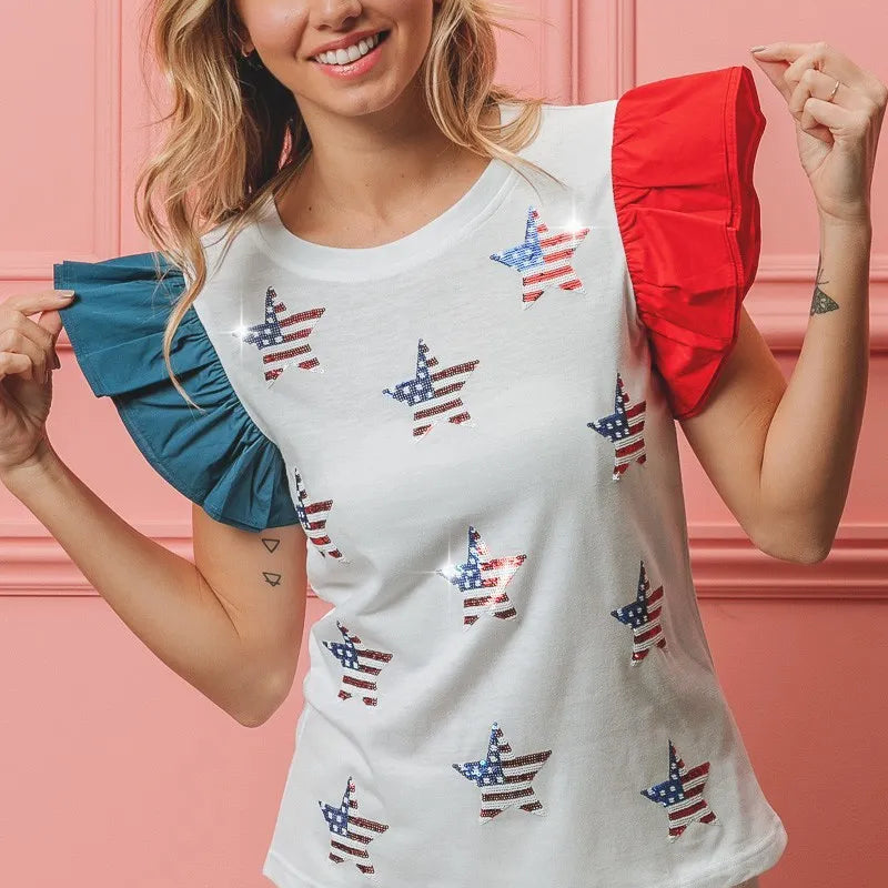 BiBi American Flag Sequin Stars Top