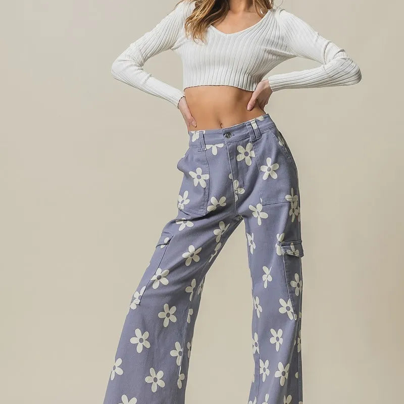 BiBi Flower Printed Side Pocket Wide Pants