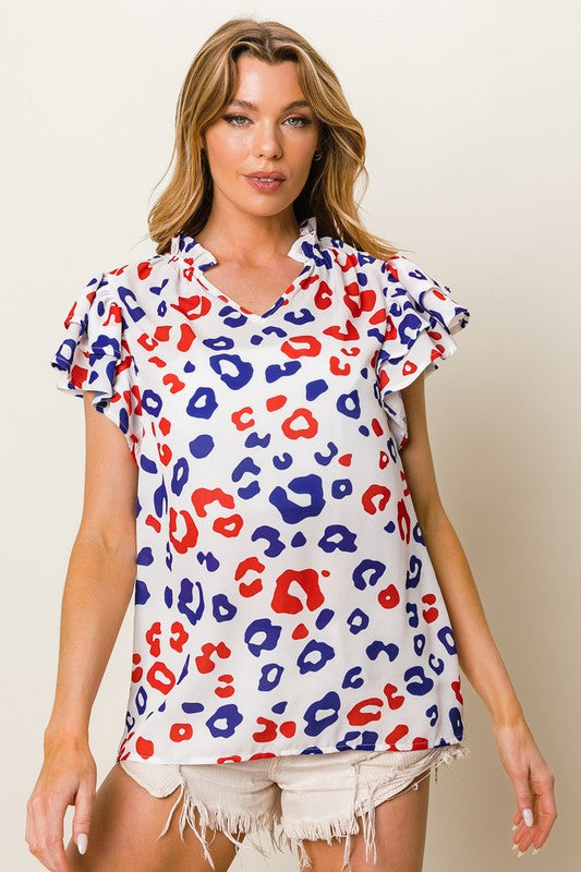 BiBi Leopard Notched Ruffled Cap Sleeve Blouse