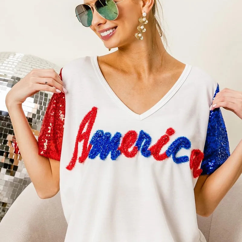 BiBi Metallic Letter V-neck Sequin Sleeves Top