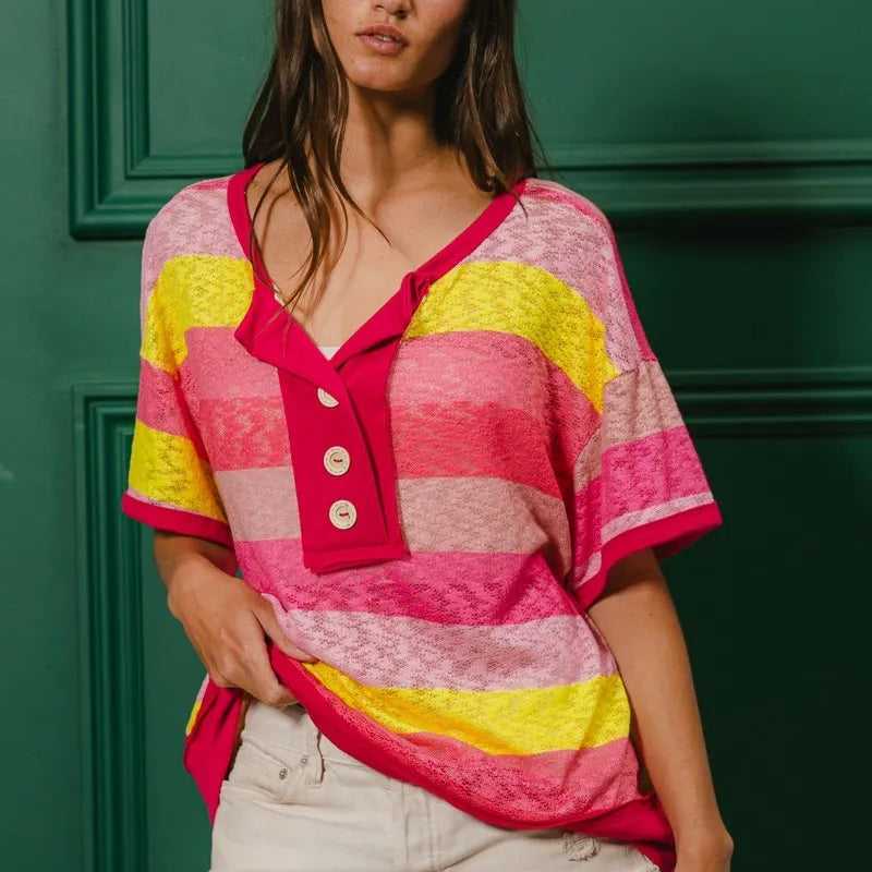 BiBi Multi Color Stripe Hacci Button Detail Ringer Top