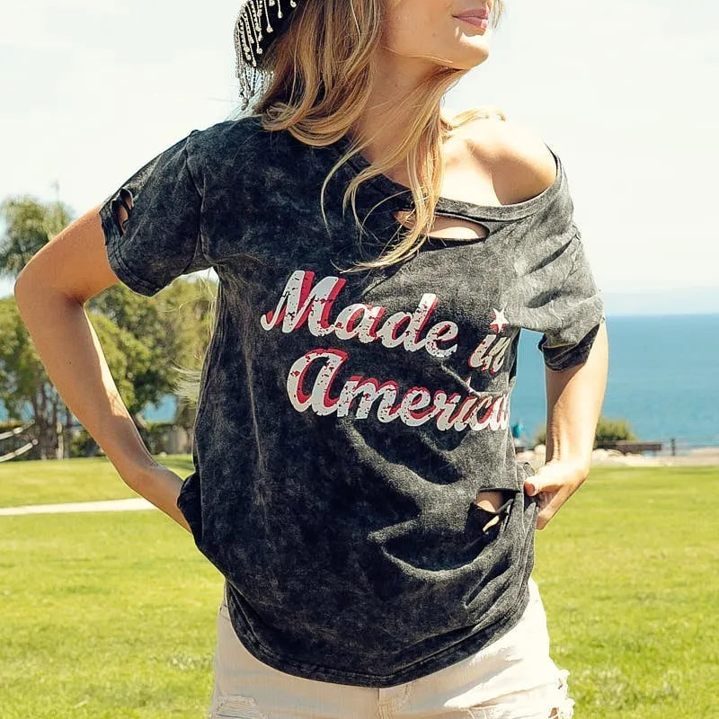 BiBi Laser Cut Mineral Washed America Print Top