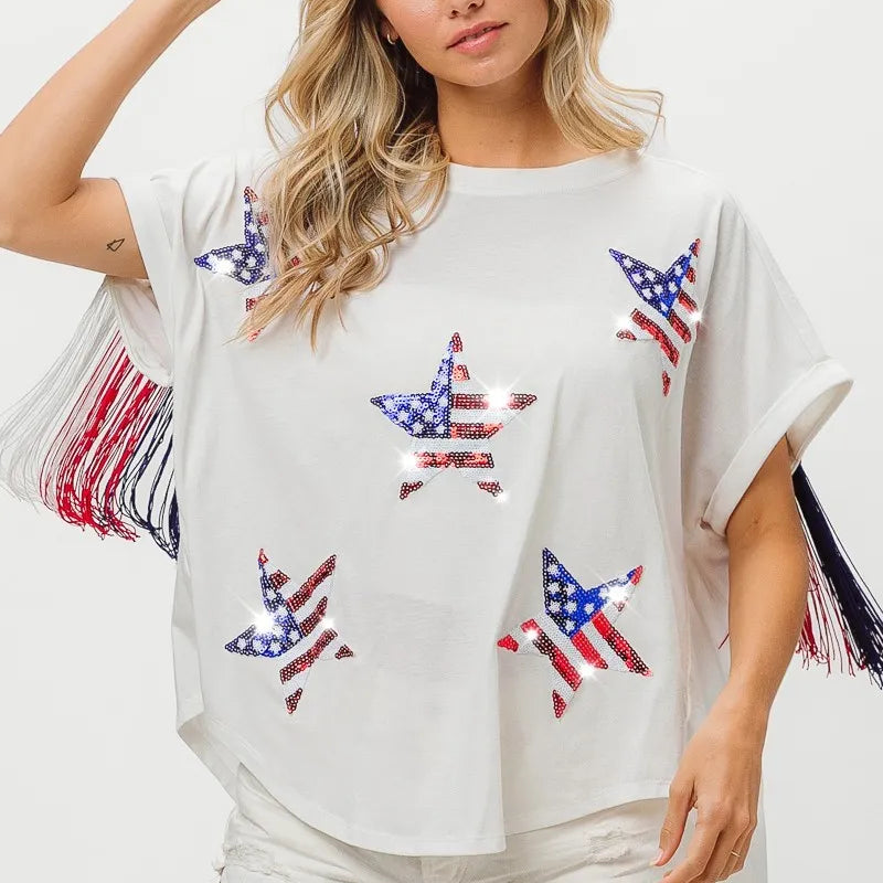BiBi American Flag Sequin Star Fringe Top