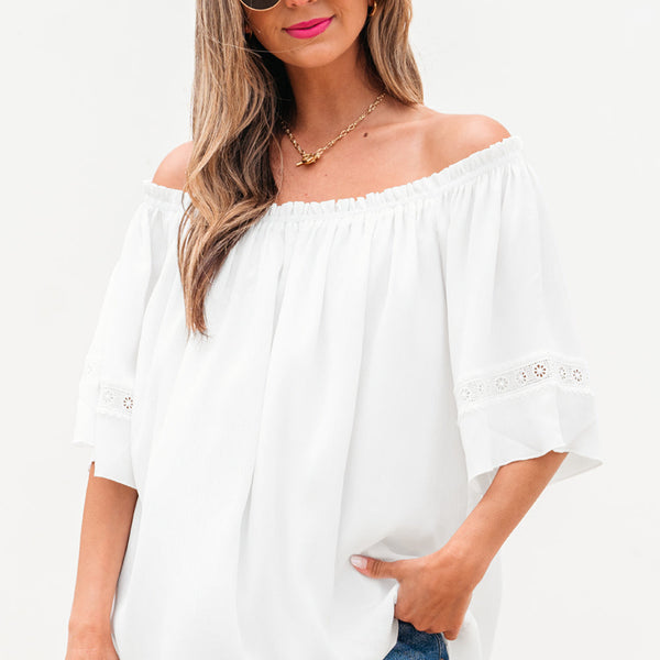 Bellamy Frilly Off Shoulder Lace Insert Sleeve Textured Blouse