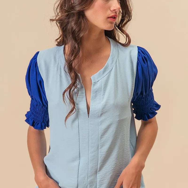 BiBi Air Flow Color Block Puff Sleeves V Neck Top