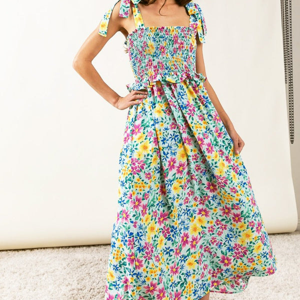BiBi Floral Ruffle Trim Smocked Cami Dress