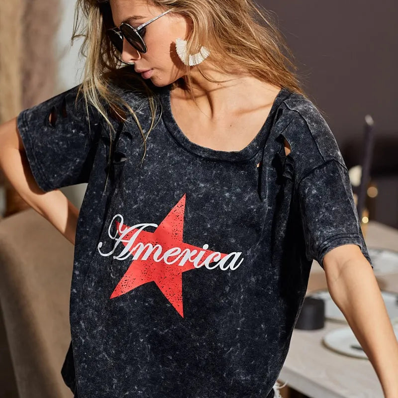 BiBi Laser Cut Mineral Washed Jersey Top with  America in Black