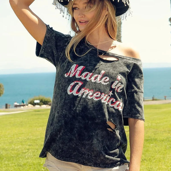 BiBi Laser Cut Mineral Washed America Print Top in Black