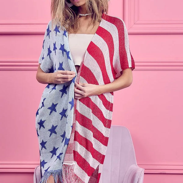 BiBi American Flag Theme Fringed Knit Cardigan
