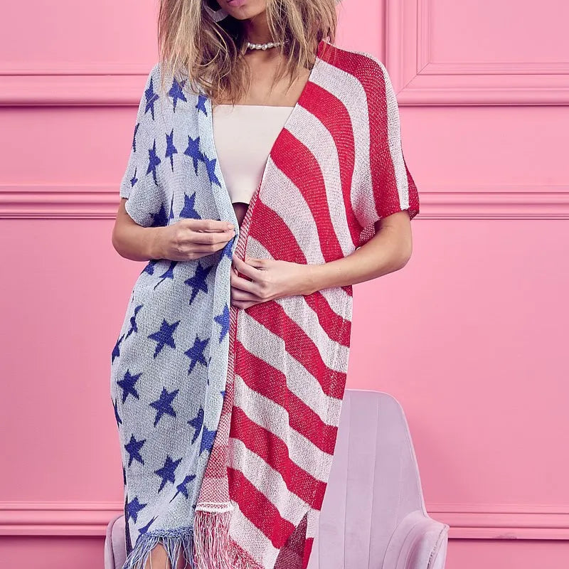 BiBi American Flag Theme Fringed Knit Cardigan