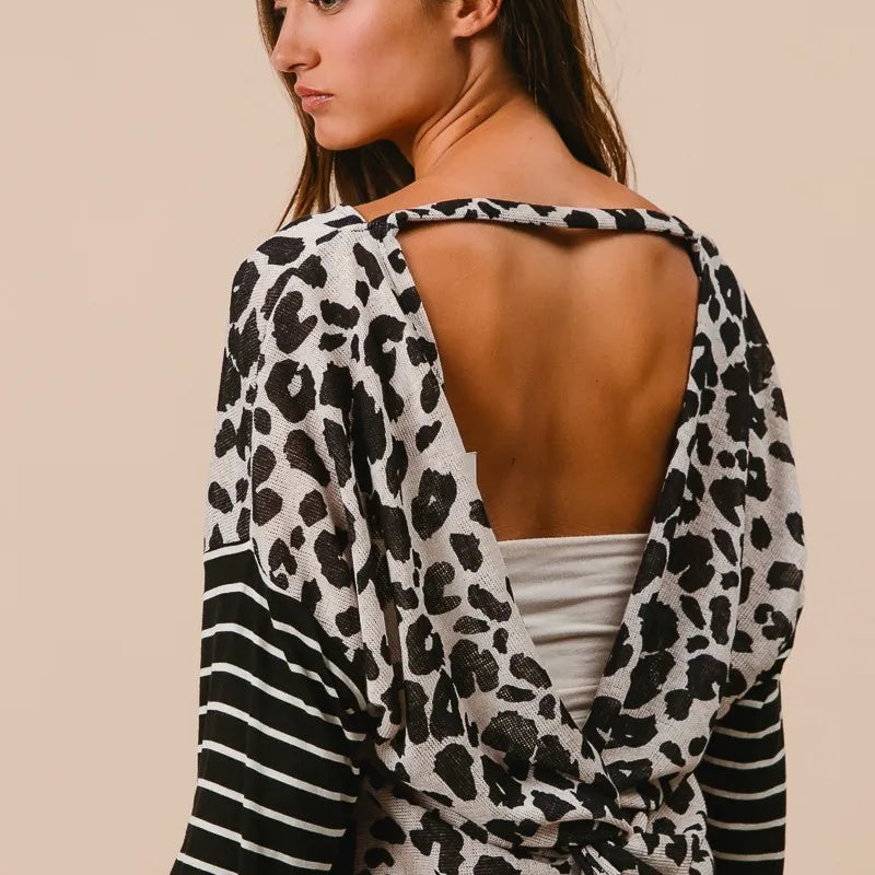 BiBi Leopard Hacci Knit Twist Back Top With Stripe Sleeve