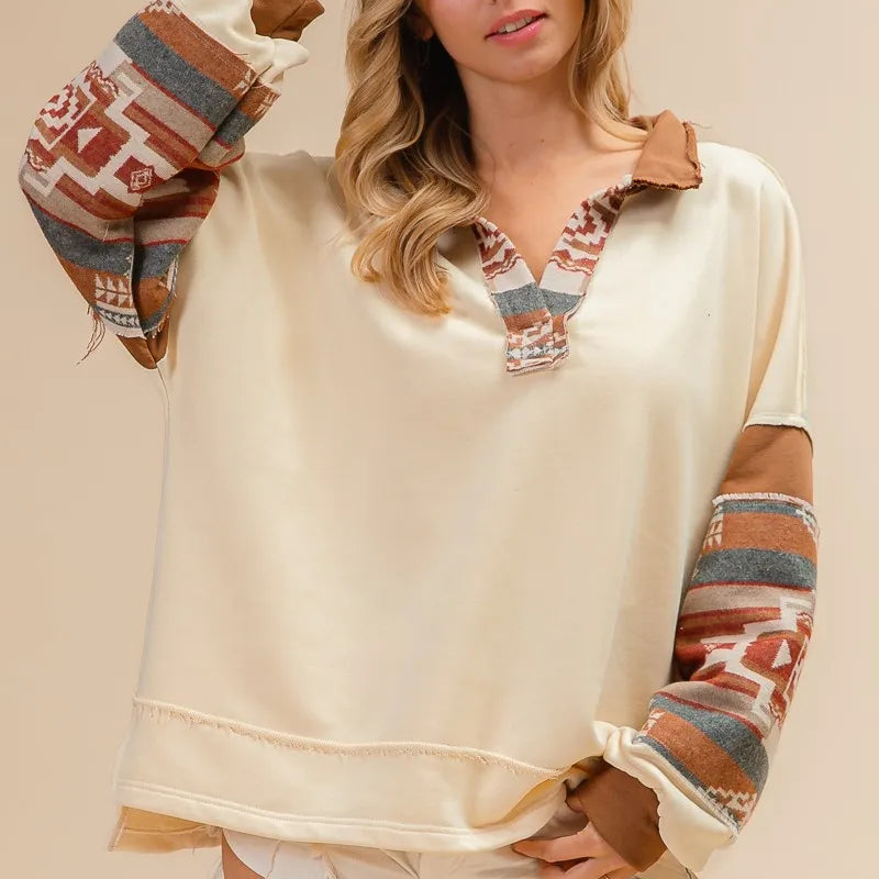 BiBi French Terry Knit and Aztec Print Mixed Top