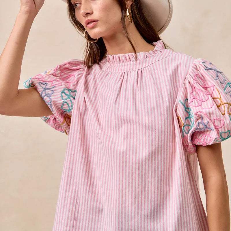 BiBi Embroidery Bubble Sleeve Top With Bottom Scallop Detail