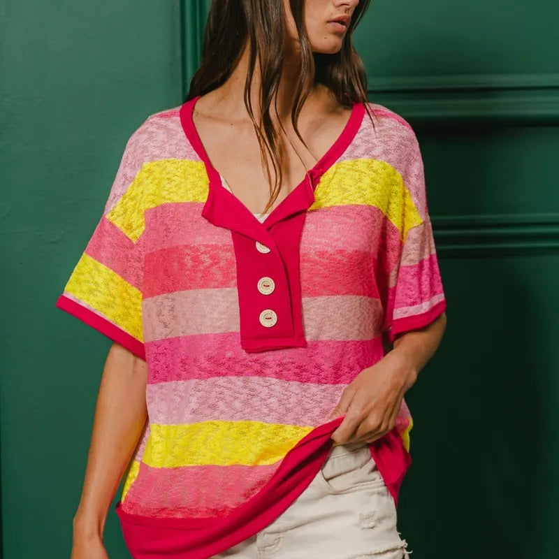 BiBi Multi Color Stripe Hacci Button Detail Ringer Top