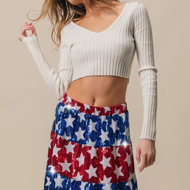 BiBi American Flag Theme Star Sequin Tiered Skirt