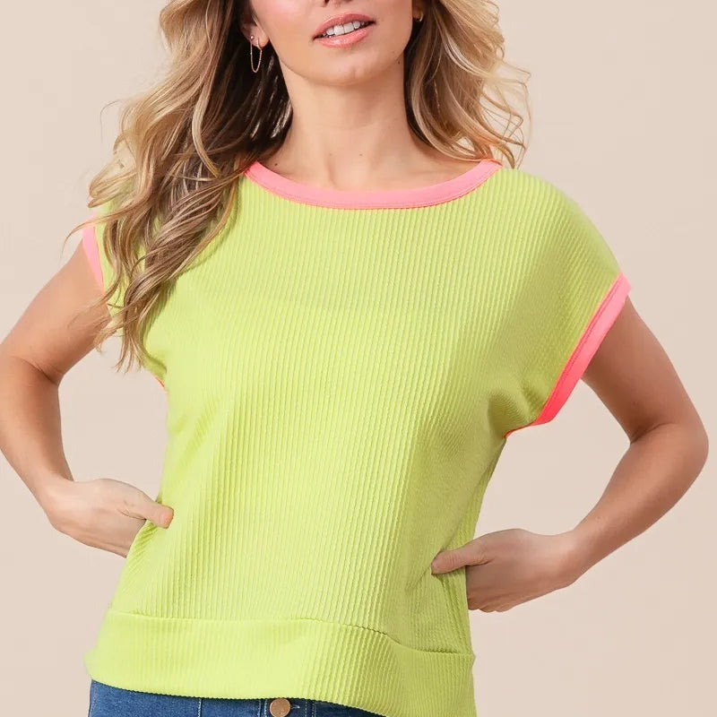 BiBi Cord Rib Knit Contrast Banded Top