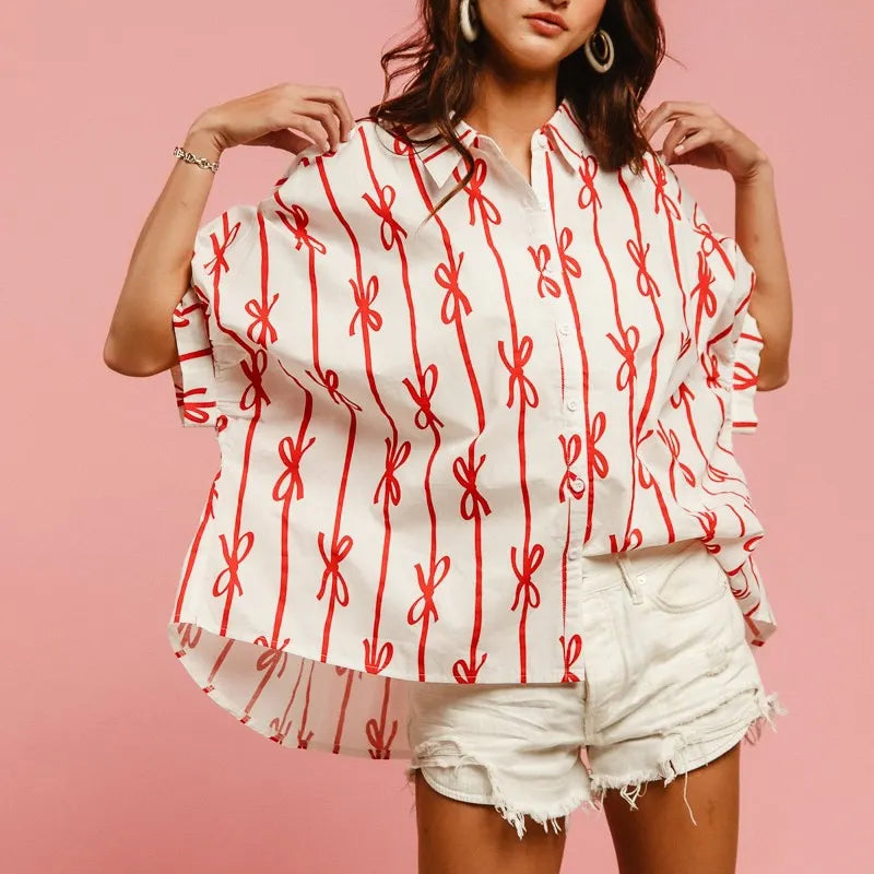 BiBi Bow Ribbon Woven Printed Button Down Shirt