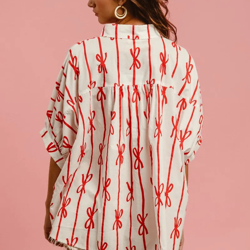 BiBi Bow Ribbon Woven Printed Button Down Shirt