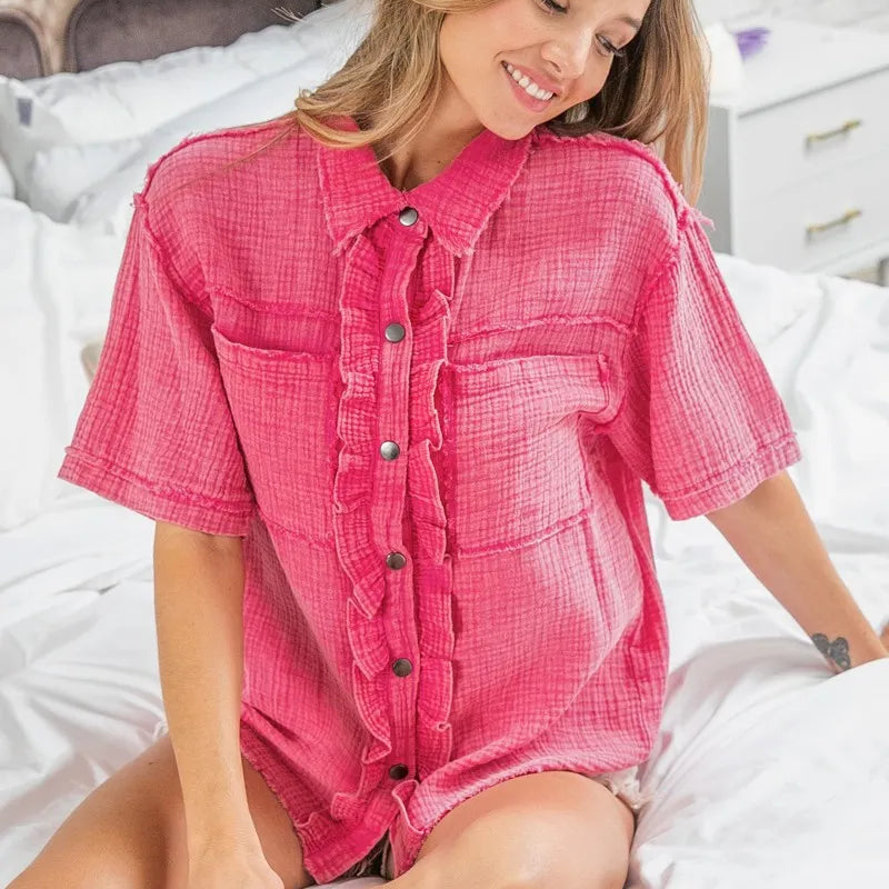 BiBi Mineral Washed Wrinkle Gauze Raw Edge Shirt Top