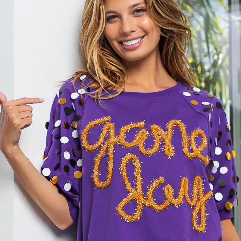 BiBi Game Day Metallic Letter Spangle Sleeve Top