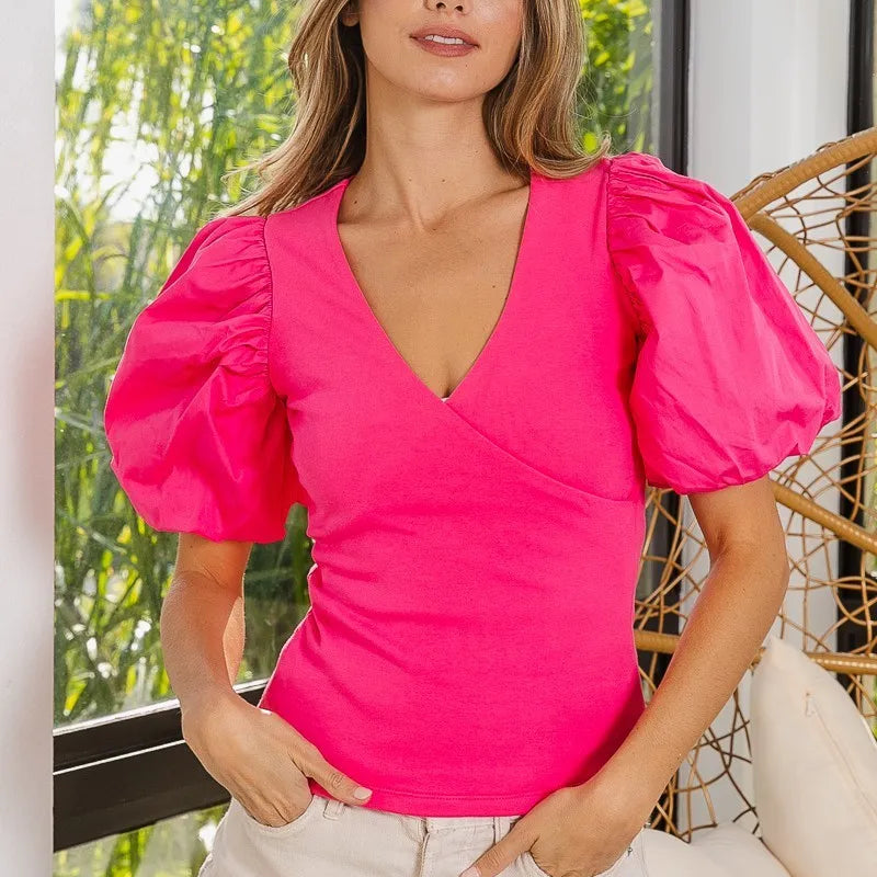 BiBi Front Wrap V-Neck Puff Sleeve Rib Knit Top
