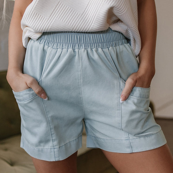 Bianca Light Wash Pocketed Wide Leg Shorts