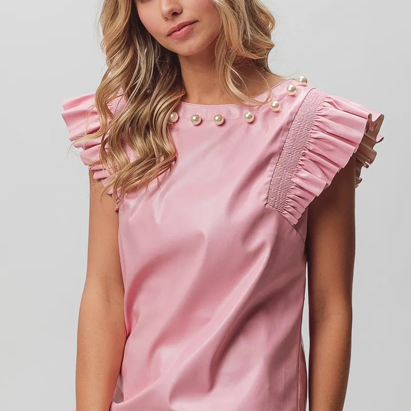 BiBi Leather Smocked Ruffled Top