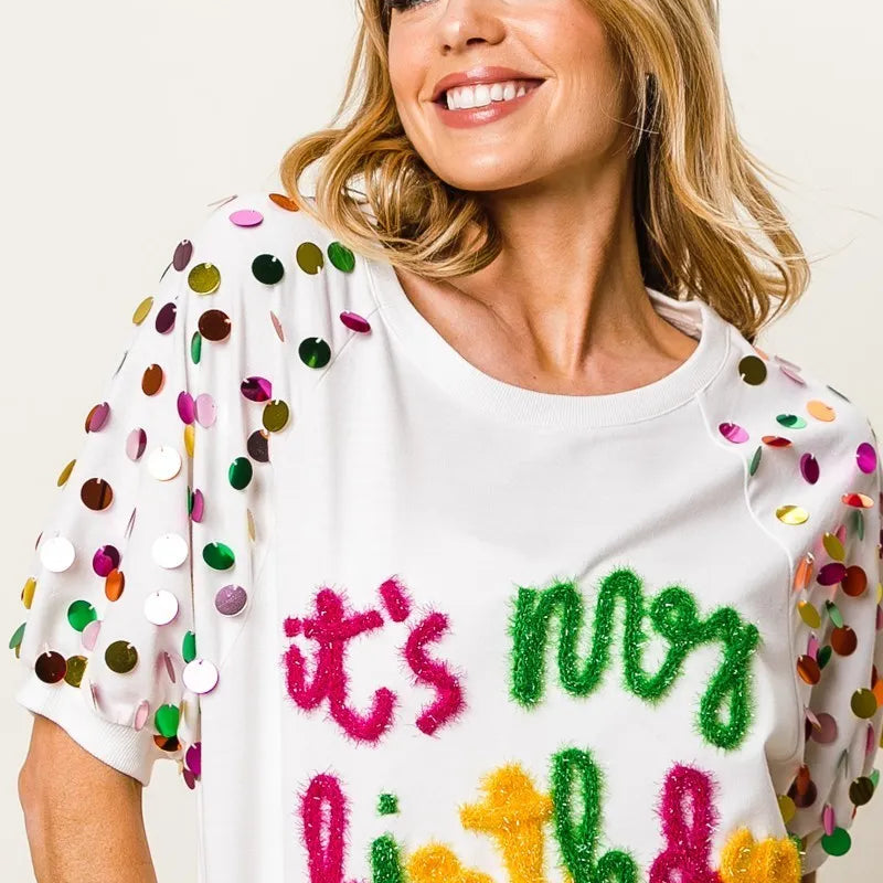 BiBi Metallic Letter Spangle Raglan Puff Sleeve Top