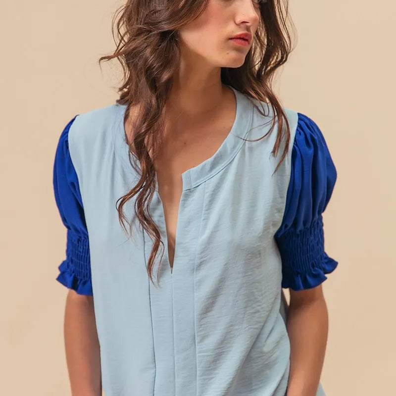 BiBi Air Flow Color Block Puff Sleeves V Neck Top