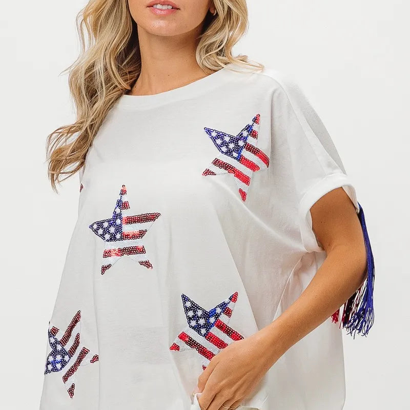BiBi American Flag Sequin Star Fringe Top