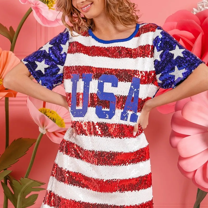 BiBi American Flag Theme Usa Print Sequin Dress